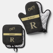 ブラックレザーテクスチャシェフモノグラム名 鍋つかみ&鍋敷きセット (正面/裏面)