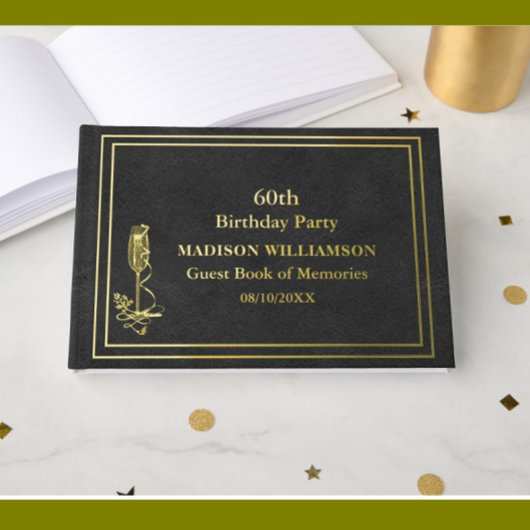ブラックレザーテクスチャバースデーパーティーゴールドフォイル ゲストブック