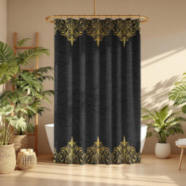 ブラックレザーテクスチャプリント縁ど金ゴールド シャワーカーテン