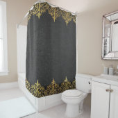 ブラックレザーテクスチャプリント縁ど金ゴールド シャワーカーテン (インサイチュ)