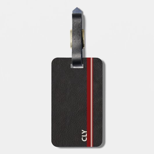 ブラックレザーフェイクモノグラムダークレッドバー ラゲッジタグ (裏面縦)