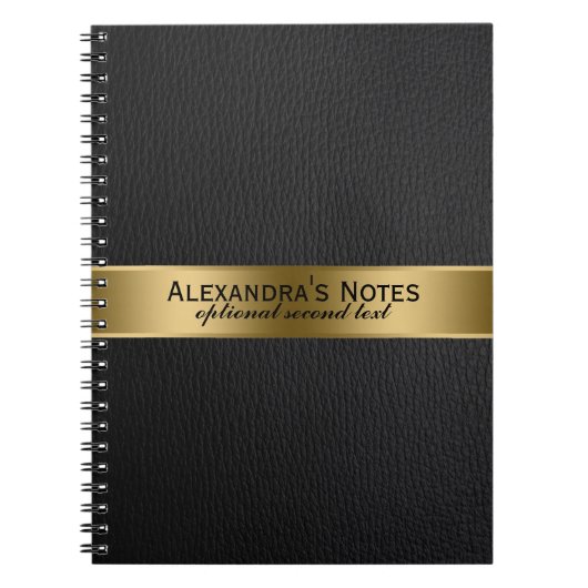 ブラックレザーフェイクルック金ゴールドアクセント ノートブック (正面)