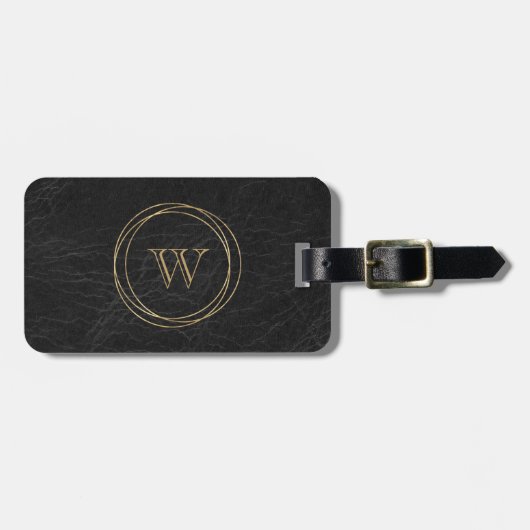 ブラックレザーフェイク金ゴールドサークルモノグラム ラゲッジタグ (正面横)