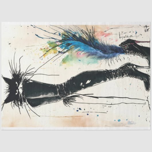 ブラックレザーブーツ猫ファッショナブルなデコパージュ 薄葉紙 (正面)