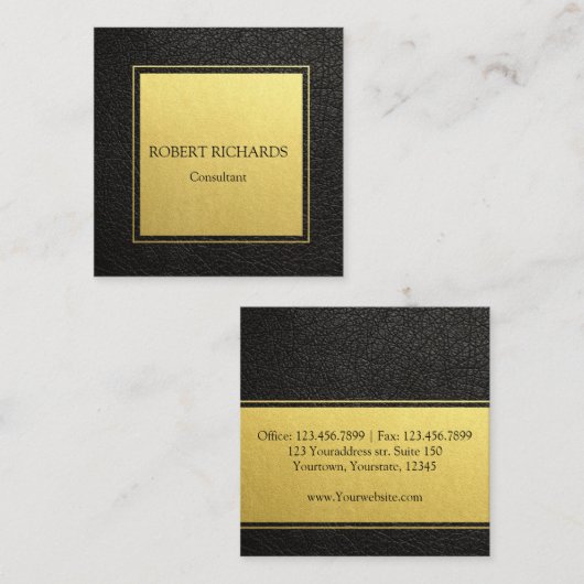 ブラックレザープロフェッショナル金ゴールドフォイル名刺 スクエア名刺 (正面/裏面)