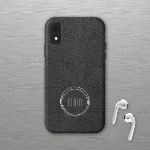 ブラックレザーミニマルルックシルバーリングや輪 iPhone XRケース