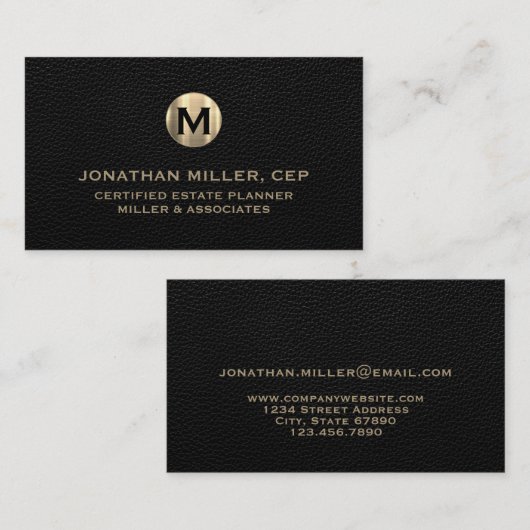 ブラックレザーラグジュアリー金ゴールドイニシャルロゴ 名刺 (正面/裏面)