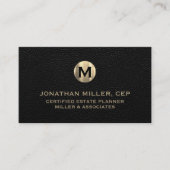 ブラックレザーラグジュアリー金ゴールドイニシャルロゴ 名刺 (正面)