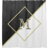 ブラックレザールックホワイト金ゴールド3カラーモノグラム シャワーカーテン (正面)