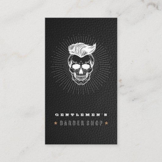 ブラックレザーヴィンテージレトロ理容師ショップスカル 名刺 (正面)