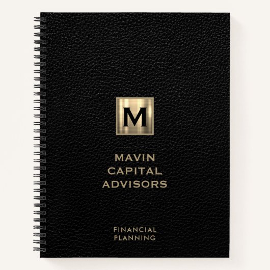 ブラックレザー金ゴールドイニシャルロゴ ノートブック (正面)