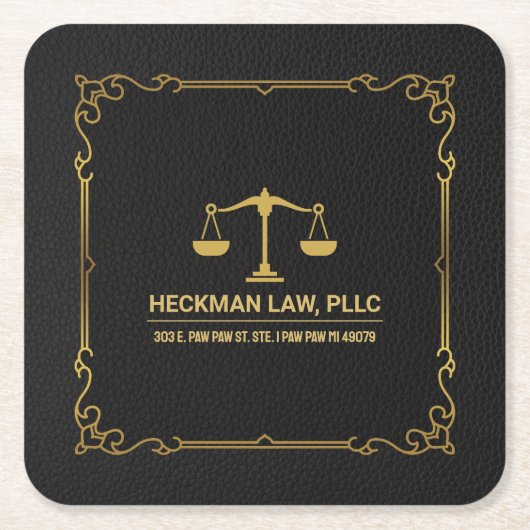 ブラックレザー金ゴールドジャスティススケールヴィンテージフレーム スクエアペーパーコースター (正面)