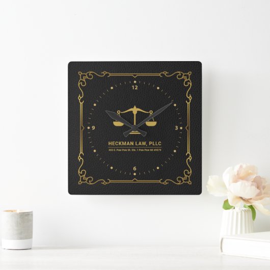 ブラックレザー金ゴールドジャスティススケールヴィンテージフレーム スクエア壁時計 (ホーム)