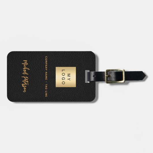 ブラックレザー金ゴールド会社のロゴ名 ラゲッジタグ (正面横)