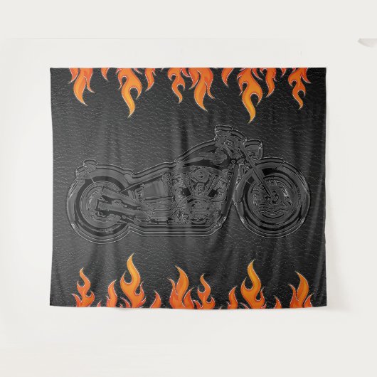 ブラックレザー オレンジの炎 バイクパーティ タペストリー (正面(横))