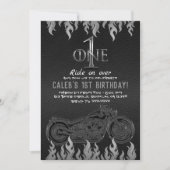 ブラックレザー シルバーバイク 1歳 誕生日 招待状 (正面)