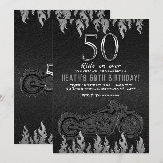 ブラックレザー シルバーバイク 50歳の誕生日おめでとう 招待状 (正面/裏面)