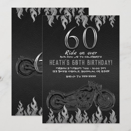 ブラックレザー シルバーバイク 60歳の誕生日お祝い60周年記念 招待状 (正面/裏面)