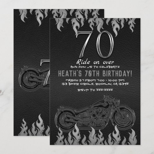 ブラックレザー シルバーバイク 70歳 70th 誕生日 招待状 (正面/裏面)