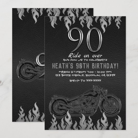ブラックレザー シルバー バイク 90歳の誕生日お祝い90周年記念デザイン 招待状 (正面/裏面)