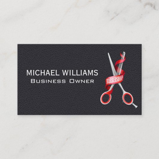 ブラックレザー |理容師店はさみ 名刺 (正面)