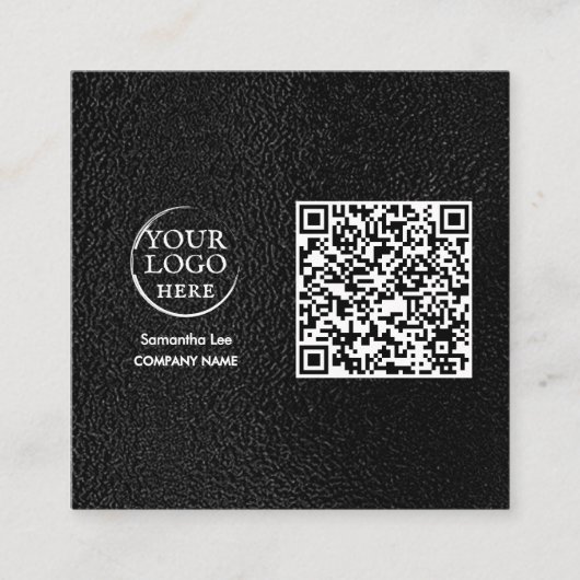 ブラックレザーQRコード名刺 モダンロゴ スクエア名刺 (正面)