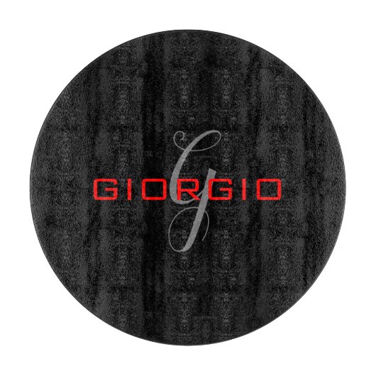 ブラックレッドあなたの名前イニシャルモノグラムモダン カッティングボード (正面)