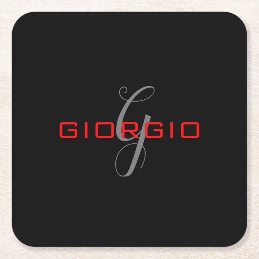ブラックレッドあなたの名前イニシャルモノグラムモダン スクエアペーパーコースター (正面)