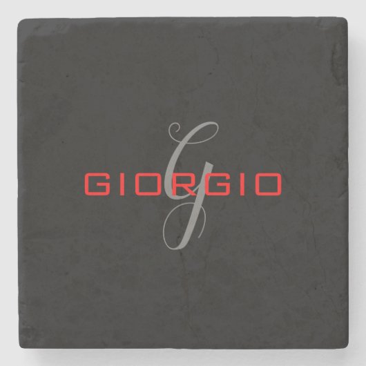 ブラックレッドあなたの名前イニシャルモノグラムモダン ストーンコースター (正面)