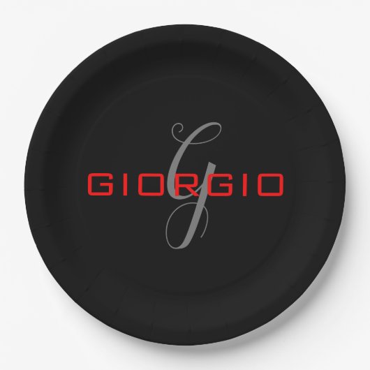 ブラックレッドあなたの名前イニシャルモノグラムモダン ペーパープレート (正面)