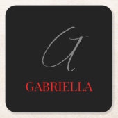 ブラックレッドあなたの名前イニシャルモノグラム スクエアペーパーコースター (正面)