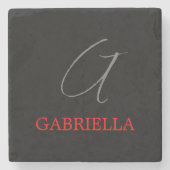 ブラックレッドあなたの名前イニシャルモノグラム ストーンコースター (正面)