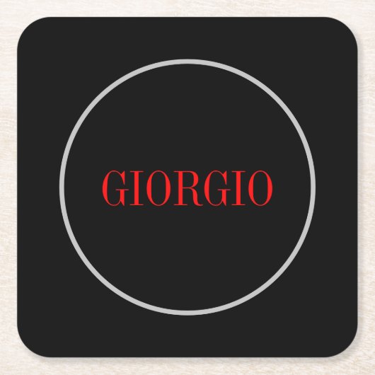 ブラックレッドあなたの名前ミニマリスト個人モダン スクエアペーパーコースター (正面)
