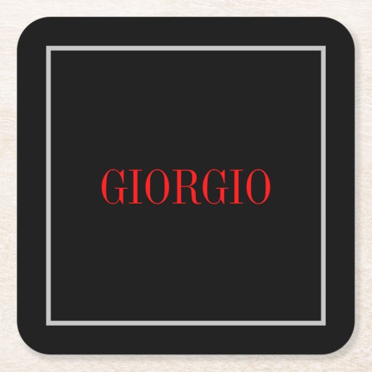 ブラックレッドあなたの名前ミニマリスト個人モダン スクエアペーパーコースター (正面)