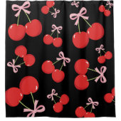 ブラックレッドさくらんぼピンクボウコケットコテージシック シャワーカーテン (正面)