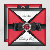 ブラックレッドエレガントパールボウホワイトバースデーパーティー 招待状 (正面/裏面)