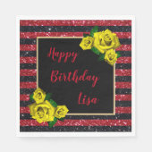 ブラックレッドグリッターストライプズイエローローズ誕生日 スタンダードランチョンナプキン (正面)