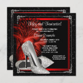 ブラックレッドグリッターハイヒール女性50誕生日 招待状 (正面/裏面)