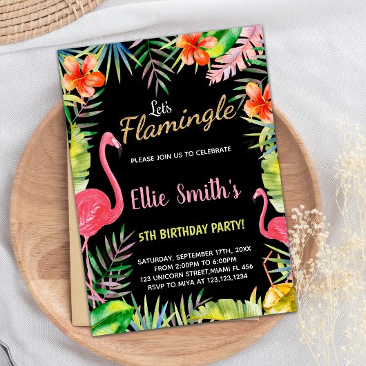 ブラックレッドグリーンフラミンゴ誕生日招待状 招待状