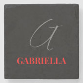 ブラックレッドグレイあなたの名前イニシャルモノグラム ストーンコースター (正面)