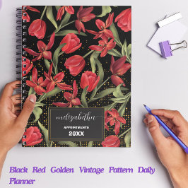 ブラックレッドゴールデンヴィンテージパターンデイリープランナー プランナー手帳