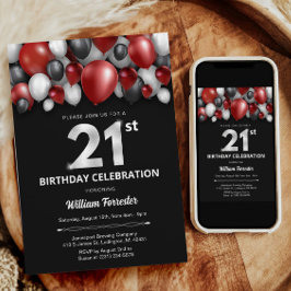 ブラックレッドシルバー&ホワイト21歳の誕生日招待状 招待状