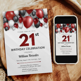 ブラックレッドシルバー&ホワイト21歳の誕生日招待状 招待状