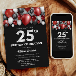 ブラックレッドシルバー&ホワイト25誕生日招待状 招待状