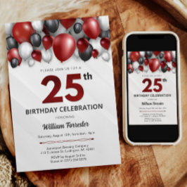 ブラックレッドシルバー&ホワイト25誕生日招待状 招待状