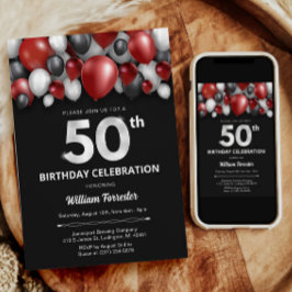 ブラックレッドシルバー&ホワイト50誕生日招待状 招待状