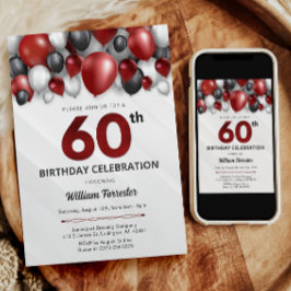 ブラックレッドシルバー&ホワイト60th誕生日招待状 招待状
