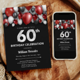 ブラックレッドシルバー&ホワイト60th誕生日招待状 招待状