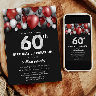 ブラックレッドシルバー&ホワイト60th誕生日招待状 招待状