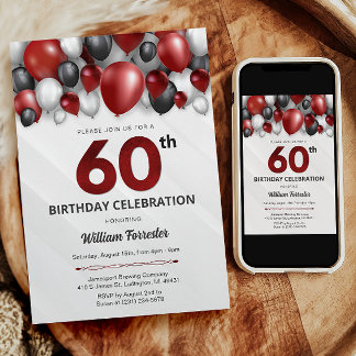 ブラックレッドシルバー&ホワイト60th誕生日招待状 招待状